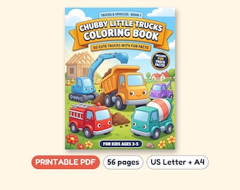 Chubby Little Trucks Coloring Book, 50 Vehicles with Facts, Printable PDF, Ages 3-5