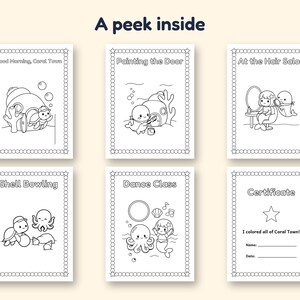May include: Six black and white coloring pages titled A peek inside, featuring illustrations of sea creatures and mermaids. Pages include Good Morning, Coral Town, Painting the Door, At the Hair Salon, Shell Bowling, Dance Class, and a Certificate page.
