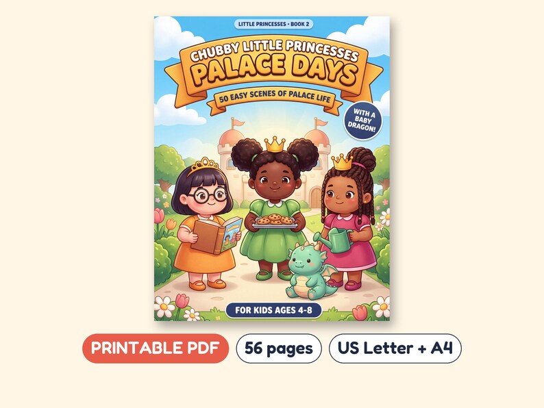 May include: A coloring book titled Chubby Little Princesses Palace Days, featuring three children wearing crowns in a garden with a baby dragon. The cover text includes 50 Easy Scenes of Palace Life and For Kids Ages 4-8.