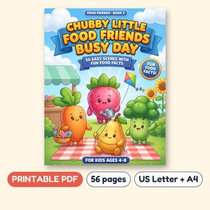 Food Coloring Book for Kids, 50 Kitchen Picnic and Fruit Scenes, Printable PDF, Ages 4-8