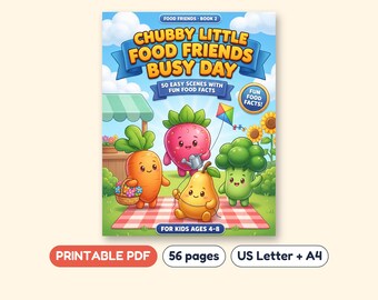 Food Coloring Book for Kids, 50 Kitchen Picnic and Fruit Scenes, Printable PDF, Ages 4-8