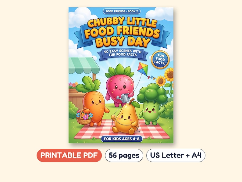 Food Coloring Book for Kids, 50 Kitchen Picnic and Fruit Scenes, Printable PDF, Ages 4-8 image 1