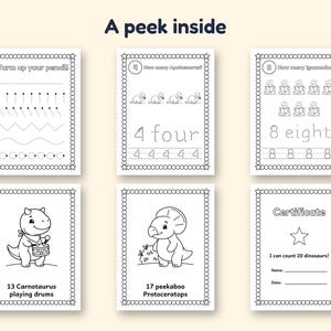 May include: Six black and white educational activity pages with the text A peek inside. The pages feature dinosaur-themed counting exercises, tracing lines, and a certificate. Each page is framed by a border of circles and stars.