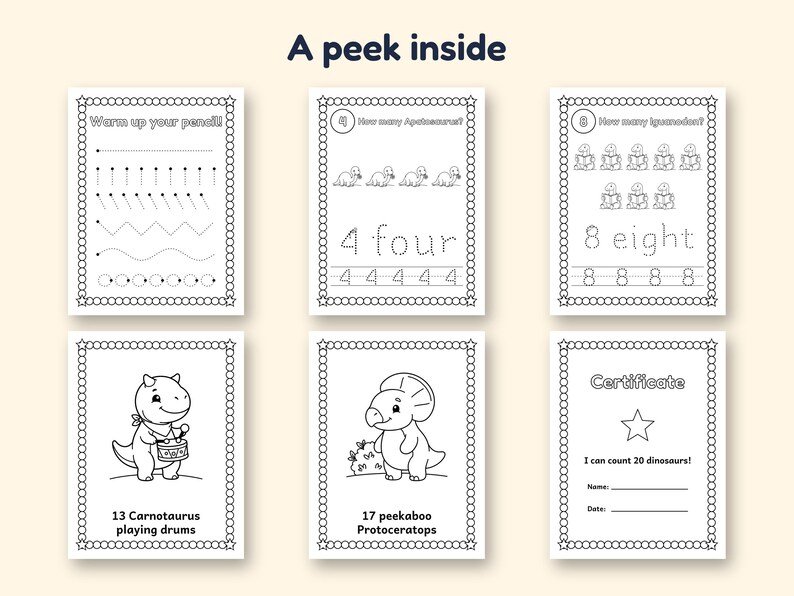 May include: Six black and white educational activity pages with the text A peek inside. The pages feature dinosaur-themed counting exercises, tracing lines, and a certificate. Each page is framed by a border of circles and stars.