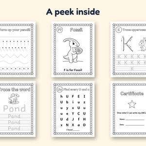 May include: Six black and white educational activity sheets with a dinosaur theme, titled A peek inside. The pages feature tracing exercises, letter recognition, word practice for Pond, and a certificate with lines for name and date.