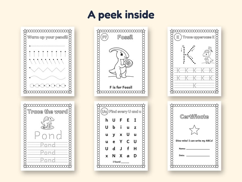 May include: Six black and white educational activity sheets with a dinosaur theme, titled A peek inside. The pages feature tracing exercises, letter recognition, word practice for Pond, and a certificate with lines for name and date.