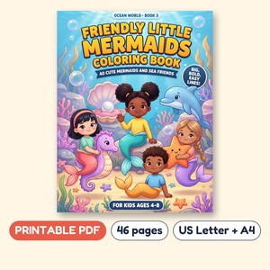 Mermaid Coloring Book for Kids, 40 Pages with Sea Friends, Printable PDF, Ages 4-8 image 1
