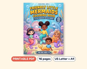 Mermaid Coloring Book for Kids, 40 Pages with Sea Friends, Printable PDF, Ages 4-8