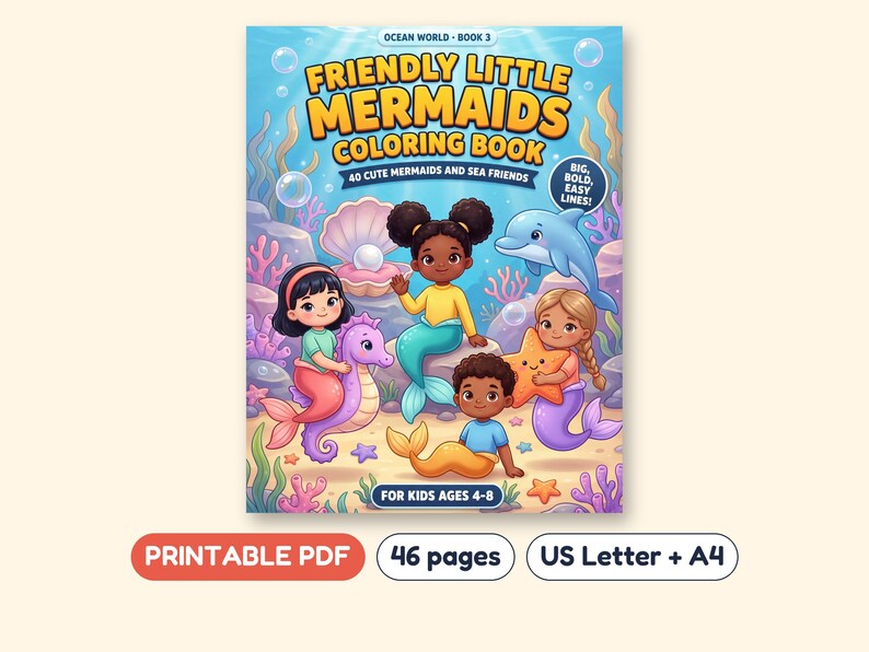 Mermaid Coloring Book for Kids, 40 Pages with Sea Friends, Printable PDF, Ages 4-8 image 1
