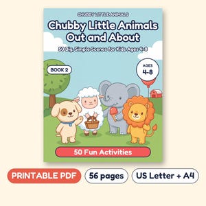 Animal Coloring Book for Kids, 50 Picnic Camping and Bedtime Scenes, Printable PDF, Ages 4-8