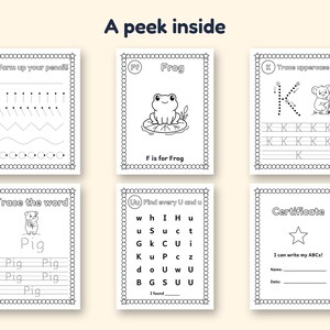 May include: Six educational activity sheets for children featuring black and white line art. Pages include tracing exercises, letter recognition, a frog illustration, a pig drawing, and a certificate titled A peek inside.