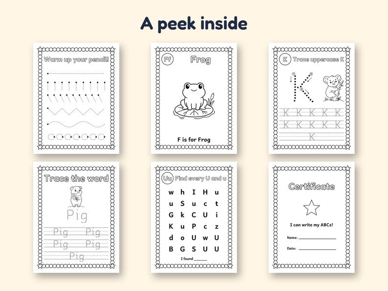 May include: Six educational activity sheets for children featuring black and white line art. Pages include tracing exercises, letter recognition, a frog illustration, a pig drawing, and a certificate titled A peek inside.