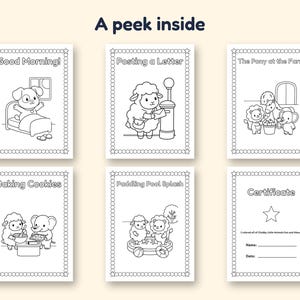 May include: A set of six coloring pages titled A peek inside, featuring black and white line art of animals. Pages include Good Morning, Posting a Letter, The Pony at the Farm, Baking Cookies, Paddling Pool Splash, and a Certificate page.