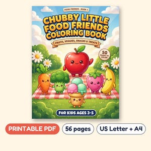 Food Coloring Book for Kids, 50 Fruit Veggie and Cupcake Friends, Printable PDF, Ages 3-5 image 1