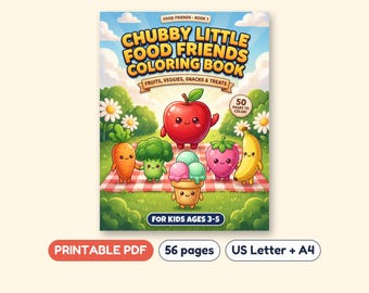 Food Coloring Book for Kids, 50 Fruit Veggie and Cupcake Friends, Printable PDF, Ages 3-5