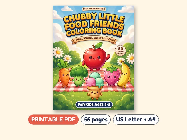 Food Coloring Book for Kids, 50 Fruit Veggie and Cupcake Friends, Printable PDF, Ages 3-5 image 1