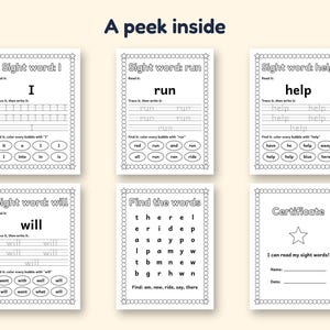 May include: Six educational worksheets featuring sight word practice for I, run, help, and will, including a word search puzzle and a certificate of completion. Each page has a star-patterned border, tracing lines, and bubble-filling activities.