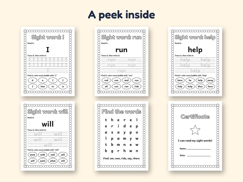 May include: Six educational worksheets featuring sight word practice for I, run, help, and will, including a word search puzzle and a certificate of completion. Each page has a star-patterned border, tracing lines, and bubble-filling activities.