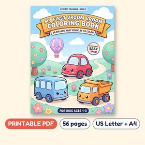 My First Vehicles Coloring Book, Cars Trucks Trains Planes Boats, Printable PDF, Ages 1-3
