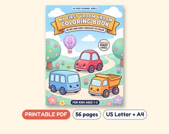 My First Vehicles Coloring Book, Cars Trucks Trains Planes Boats, Printable PDF, Ages 1-3