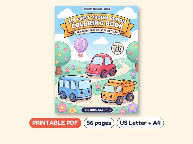 My First Vehicles Coloring Book, Cars Trucks Trains Planes Boats, Printable PDF, Ages 1-3 image 1