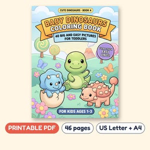 Baby Dinosaurs Coloring Book for Toddlers, 40 Pictures, Printable PDF, Ages 1-3 image 1