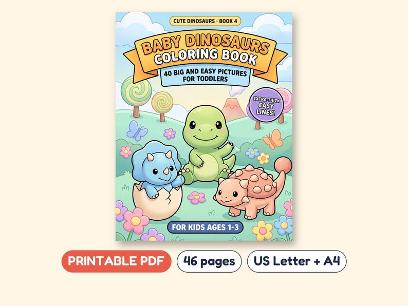 Baby Dinosaurs Coloring Book for Toddlers, 40 Pictures, Printable PDF, Ages 1-3 image 1