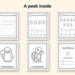 May include: Six educational activity pages with the title A peek inside. The pages feature black and white line drawings for tracing, counting exercises with lions, cats, penguins, and turtles, and a certificate of completion for counting to 20.