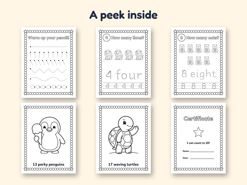 May include: Six educational activity pages with the title A peek inside. The pages feature black and white line drawings for tracing, counting exercises with lions, cats, penguins, and turtles, and a certificate of completion for counting to 20.