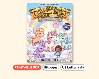 Chubby Little Unicorns and Magical Friends Coloring Book, Printable PDF, Ages 4-8