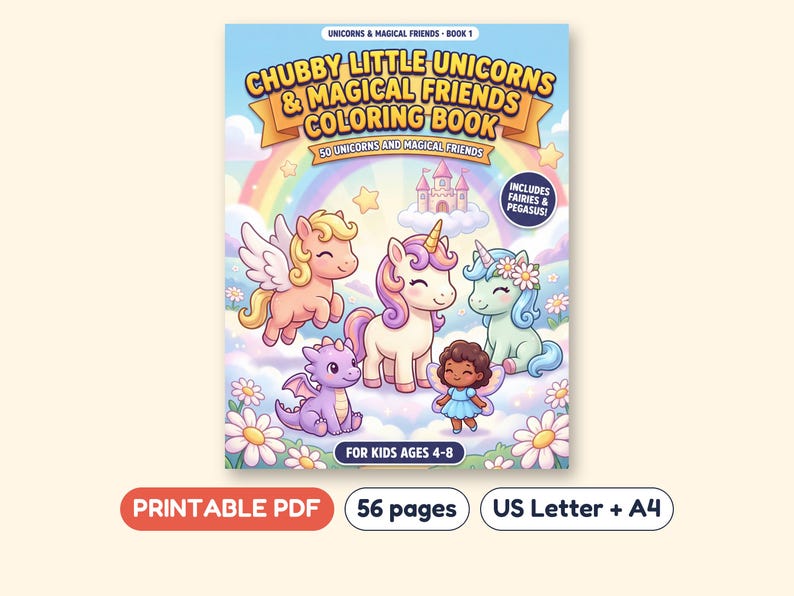 Chubby Little Unicorns and Magical Friends Coloring Book, Printable PDF, Ages 4-8 image 1