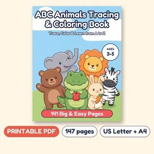 ABC Animals Tracing and Coloring Workbook, Uppercase and Lowercase Letters, Printable PDF, Ages 3-5 image 1