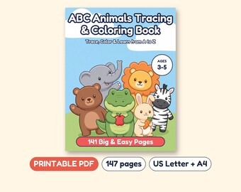 ABC Animals Tracing and Coloring Workbook, Uppercase and Lowercase Letters, Printable PDF, Ages 3-5