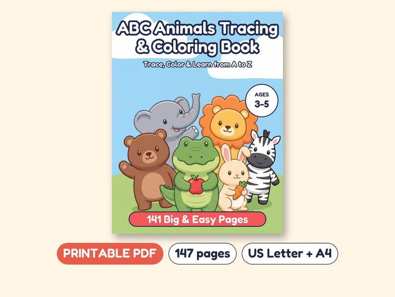 ABC Animals Tracing and Coloring Workbook, Uppercase and Lowercase Letters, Printable PDF, Ages 3-5 image 1