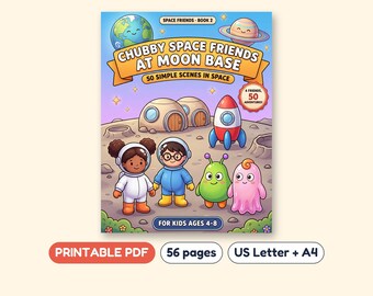 Space Coloring Book for Kids, 50 Moon Base Astronaut Scenes, Printable PDF, Ages 4-8