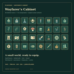 May include: A digital collection titled Wayfarer's Cabinet featuring 64 icons and 7 UI components. The graphic set includes illustrations of apothecary bottles, plants, books, maps, and travel gear in a muted green and cream color palette.