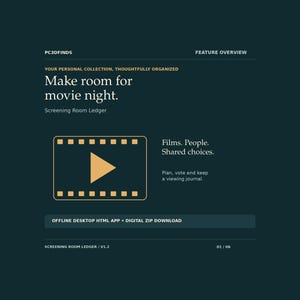 May include: A dark teal digital interface for a Screening Room Ledger app. Text includes PC3DFINDS, FEATURE OVERVIEW, YOUR PERSONAL COLLECTION, THOUGHTFULLY ORGANIZED, Make room for movie night, Films. People. Shared choices, and OFFLINE DESKTOP HTML APP.