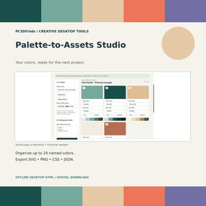 Palette-to-Assets Studio | Offline Desktop HTML Tool | Color Swatches and CSS Export