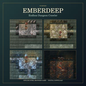 May include: A digital game titled Emberdeep Endless Dungeon Crawler featuring four distinct top-down view screenshots. Each panel displays a character in a unique environment, including stone, forest, icy, and volcanic dungeon levels.
