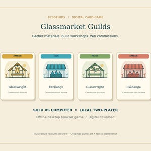 May include: A digital card game titled Glassmarket Guilds featuring four cards labeled Amber, Tide, Moss, and Ember. Each card displays a workshop illustration with text below. The layout includes game modes Solo vs Computer and Local Two-Player.