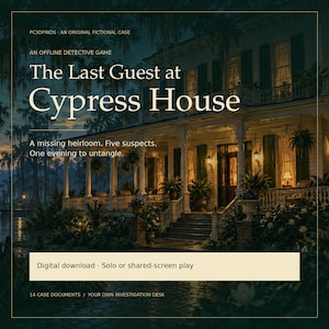 May include: The Last Guest at Cypress House is an offline detective game featuring a digital download for solo or shared-screen play. The box art displays a two-story house at night with 14 case documents and an investigation desk.