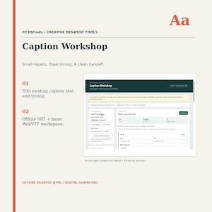 以下が含まれることがあります： 字幕のテキストとタイミングを編集するためのツールを備えた、Caption Workshopというタイトルのデジタル製品インターフェース。レイアウトには、番号付きのステップ、ソフトウェアのワークスペースのスクリーンショット、およびPC3DFinds / CREATIVE DESKTOP TOOLSというテキストが含まれています。