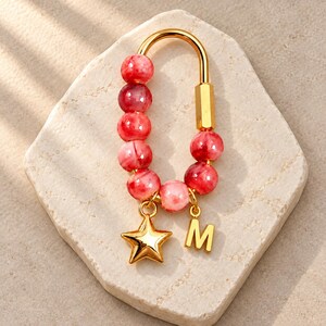 Custom Initial Bag Charm & Keychain, Personalized Pink Beaded Belt Loop Charm with Gold Star, Letter Pendant Purse Accessory Gift for Her