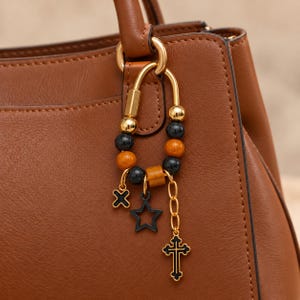 Custom Initial Bag Charm & Keychain, Gothic Cross Belt Loop Charm with Tiger Eye Beads, Black Star Letter Pendant Purse Accessory Gift