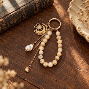 Celestial Sun and Moon Bag Charm & Keychain, Vintage Pearl Beaded Purse Charm with Dangle Chains, Celestial Gold Belt Loop Accessory