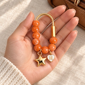 Custom Initial Bag Charm & Keychain, Personalized Orange Beaded Belt Loop Charm with Gold Star, Letter Pendant Purse Accessory Gift for Her