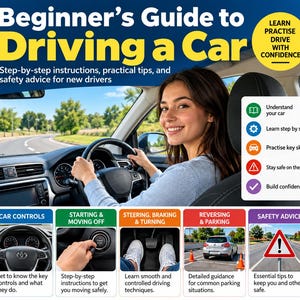 May include: An educational guide titled Beginner's Guide to Driving a Car featuring text, icons, and photos of car interiors, a driver, and road scenes. It includes sections on car controls, starting, steering, parking, and safety advice.