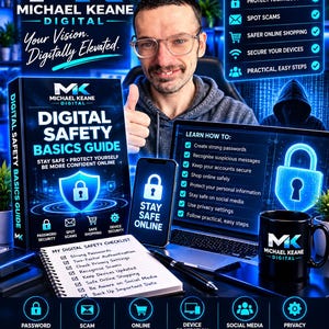May include: A digital safety guide book titled Digital Safety Basics Guide by Michael Keane Digital, featuring a checklist notebook, a smartphone displaying Stay Safe Online, a laptop screen with security tips, and a branded black mug.