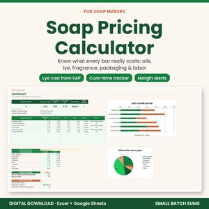 May include: A digital Soap Pricing Calculator spreadsheet for Excel and Google Sheets. The interface displays a dashboard with tables, a bar chart comparing cost versus profit per bar, and a pie chart showing expense distribution for soap makers.