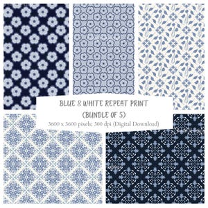 May include: A digital bundle of five repeating patterns in blue and white. The designs feature floral, geometric, and symmetrical motifs. Text on the image reads: BLUE & WHITE REPEAT PRINT (BUNDLE OF 5) 3600 x 3600 pixels; 300 dpi (Digital Download).